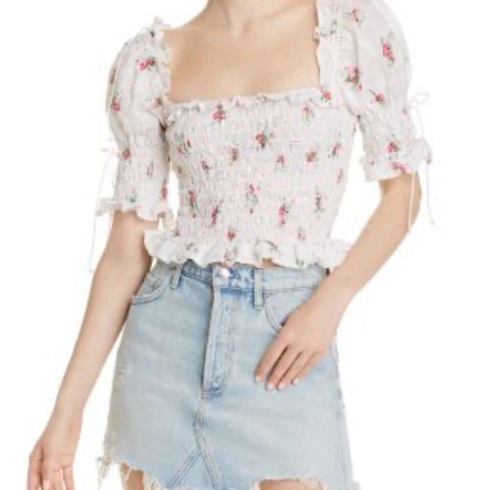 For Love And Lemons Floral Eyelet Cropped Top White Puff Sleeves Women’s Size M